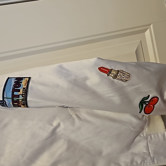 White Bomber Jacket With Patches Size XL - Picture 4 of 8